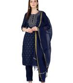 Navy Blue Cotton Magic Slub Embroidered Kurta Set