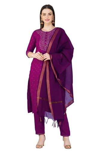 Purple Cotton Magic Slub Embroidered Kurta Set