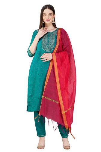 Cotton Magic Slub Embroidered Rama Kurta Set