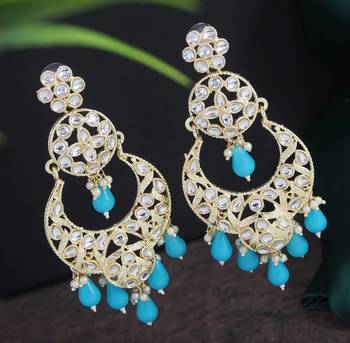 Bollywood style firozi blue color big size kundan jewellery earrings 1
