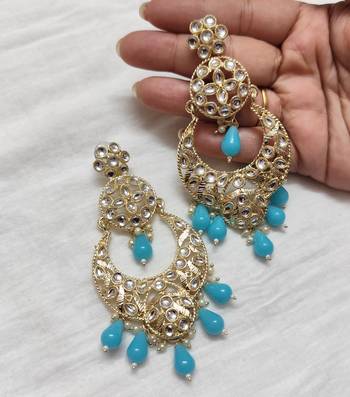 Bollywood style firozi blue color big size kundan jewellery earrings 2