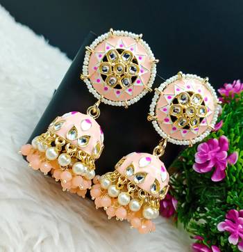Lalso partywear peach big size meenakari kundan jhumka earrings jewelry 1