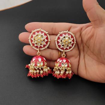 Lalso partywear red big size meenakari kundan jhumka earrings jewelry 1