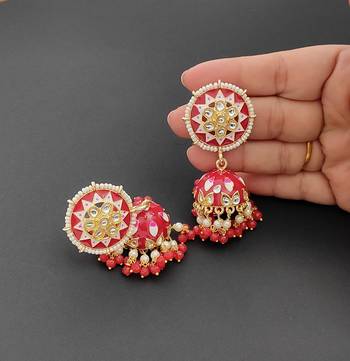 Lalso partywear red big size meenakari kundan jhumka earrings jewelry 2