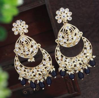 Bollywood style blue color big size kundan jewellery earrings 1