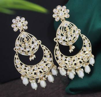 Bollywood style white color big size kundan jewellery earrings 1