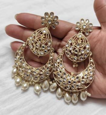 Bollywood style white color big size kundan jewellery earrings 2