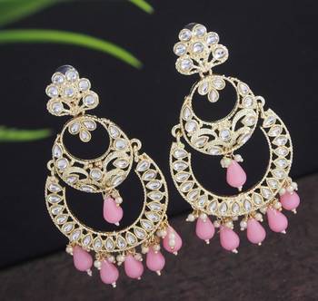Bollywood style baby pink color big size kundan jewellery earrings 1