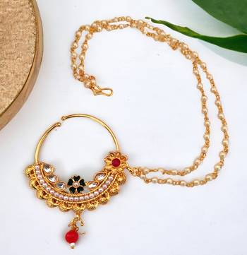 Lalso gold plated meenakari kundan medium size double pearl chain nosering nosepin nathni nath for wedding festival 1