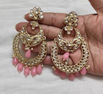 Bollywood style baby pink color big size kundan jewellery earrings 2