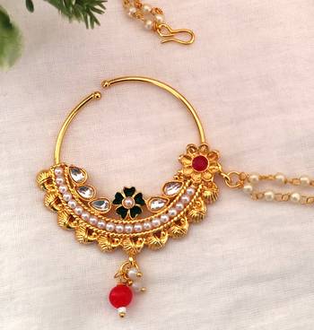Lalso gold plated meenakari kundan medium size double pearl chain nosering nosepin nathni nath for wedding festival 2
