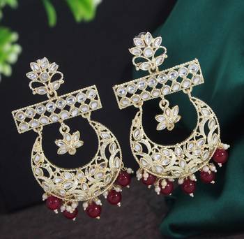 Bollywood style maroon color big size kundan jewellery earrings 1