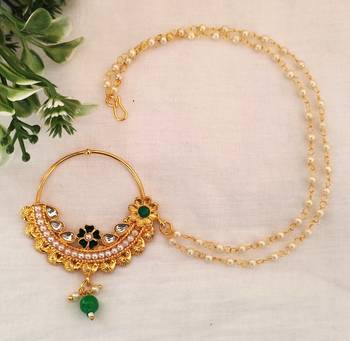 Lalso gold plated meenakari kundan medium size double pearl chain nosering nosepin nathni nath for wedding festival 3