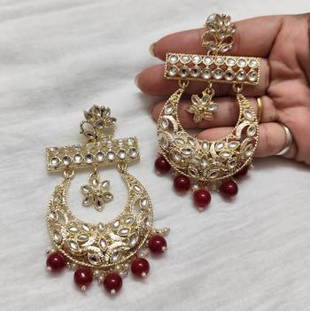 Bollywood style maroon color big size kundan jewellery earrings 2