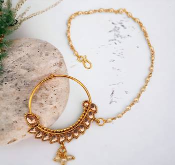 Lalso gold plated golden kundan medium size single pearl chain nosering nosepin nathni nath for wedding festival 1