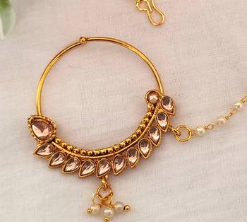 Lalso gold plated golden kundan medium size single pearl chain nosering nosepin nathni nath for wedding festival 2