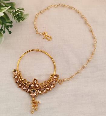 Lalso gold plated golden kundan medium size single pearl chain nosering nosepin nathni nath for wedding festival 3