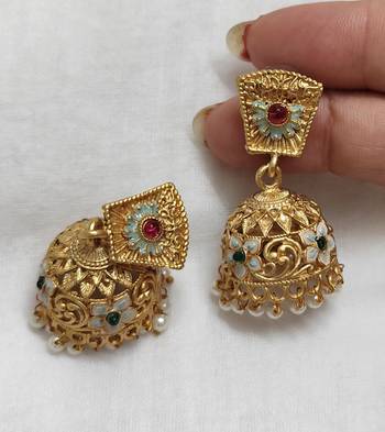 Lalso matte gold plated meenakri jhumka earring 1