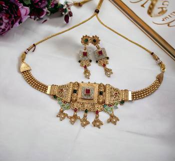 Lalso matte gold plated meenakari necklace earring jewelry set 3
