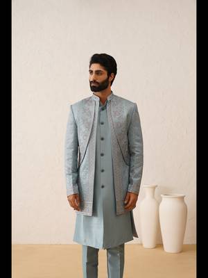 Sky blue thread embroidered open layered indowestern 1