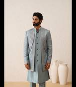 Sky blue thread embroidered open layered indowestern