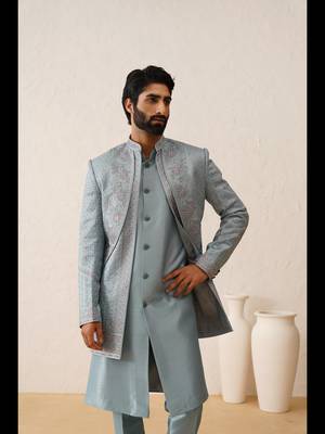 Sky blue thread embroidered open layered indowestern 2