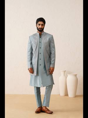 Sky blue thread embroidered open layered indowestern 3