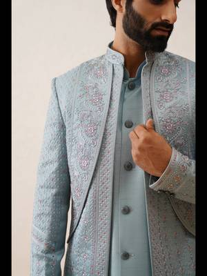 Sky blue thread embroidered open layered indowestern 4