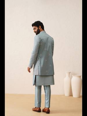 Sky blue thread embroidered open layered indowestern 5