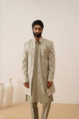 Pista chikankari work front open indowestern