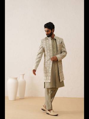 Pista chikankari work front open indowestern 2