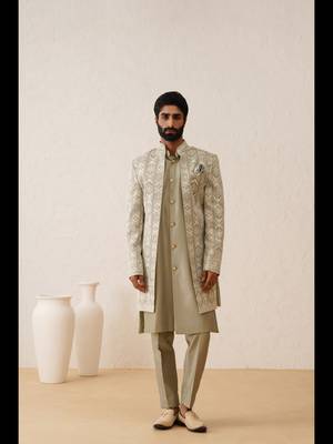 Pista chikankari work front open indowestern 3