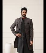 Ash grey thread and sequins embroidered front open indowestern