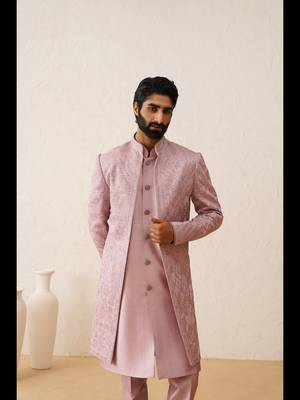Light pink thread embroidered front open indowestern 1