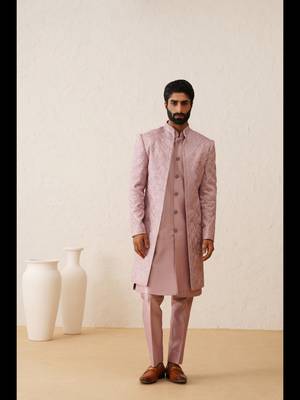 Light pink thread embroidered front open indowestern 2