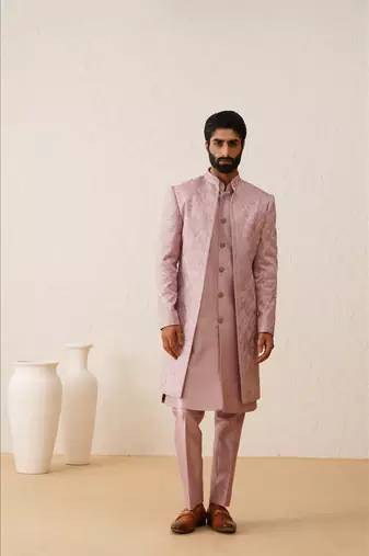 Light pink thread embroidered front open indowestern