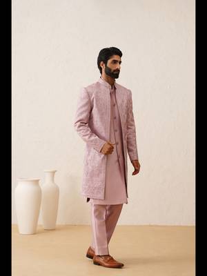 Light pink thread embroidered front open indowestern 3