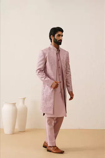 Light pink thread embroidered front open indowestern
