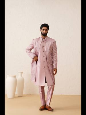 Light pink thread embroidered front open indowestern 4