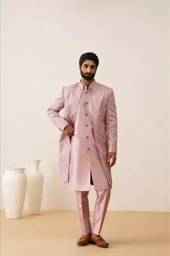Light pink thread embroidered front open indowestern