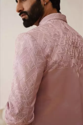 Light pink thread embroidered front open indowestern