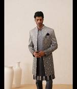 Grey and black resham embroidered open indowestern with ombre dyeing