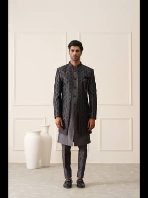 Dark grey resham embroidered front open indowestern 1