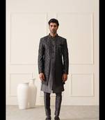 Dark grey resham embroidered front open indowestern