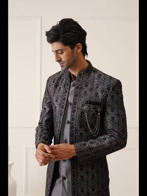 Dark grey resham embroidered front open indowestern 2