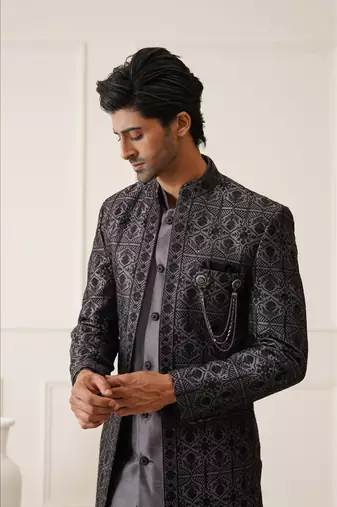 Dark grey resham embroidered front open indowestern
