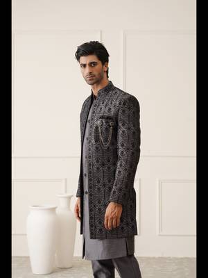 Dark grey resham embroidered front open indowestern 3