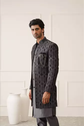 Dark grey resham embroidered front open indowestern