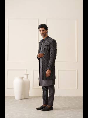 Dark grey resham embroidered front open indowestern 4