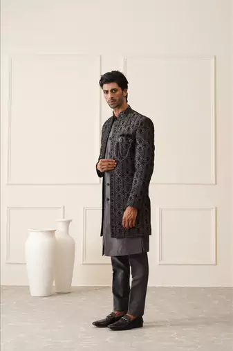 Dark grey resham embroidered front open indowestern